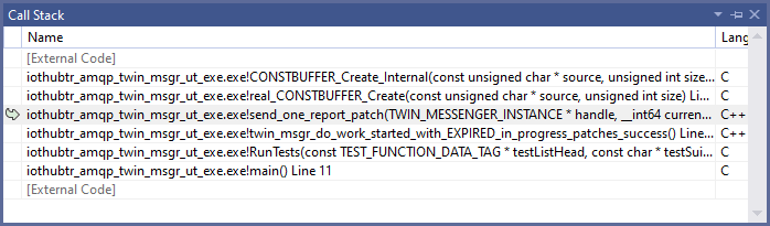 Screenshot of the Call Stack window from a debugging session in Visual Studio. The call stack contains the following functions: CONSTBUFFER_Create_Internal, real_CONSTBUFFER_Create, send_one_report_patch, twin_msgr_do_work_started_with_EXPIRED_in_progress_patches_success, RunTests, and main.
