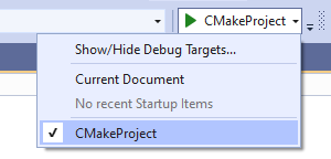 An image of the debug dropdown menu in Visual Studio. The CMake target "CMakeProject" is selected.