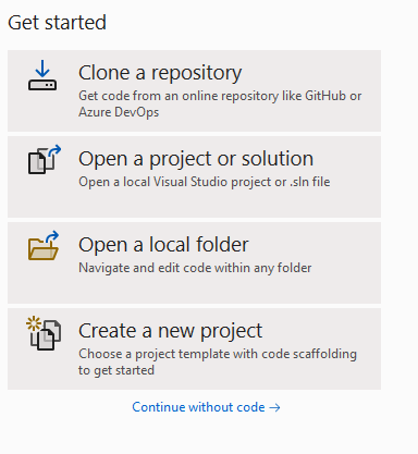 The "Get started" menu in the Visual Studio Installer. Options are "Clone a repository", "Open a project or solution", "Open a local folder", or "Create a new project".