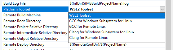 Property Pages are open in a MSBuild-based Linux project. The "Platform Toolset" option is selected, and "WSL2 Toolset" is the selected value.