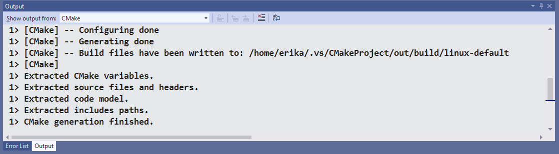 The CMake pane of the Output Window is open in Visual Studio. The last line of output reads "CMake generation finished."