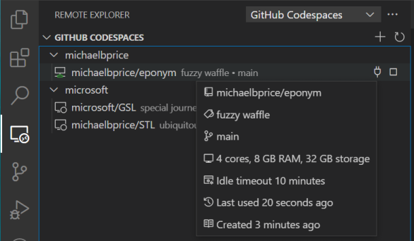 Screenshot of Visual Studio Code showing available Codespaces. A popout is displaying properties of the selected codespace.