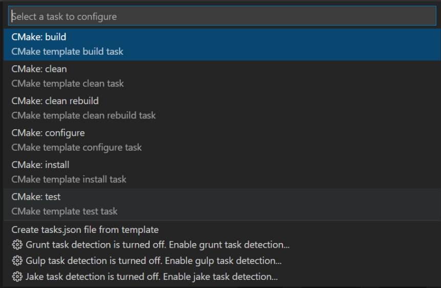 CMake tasks that the user can select to configure