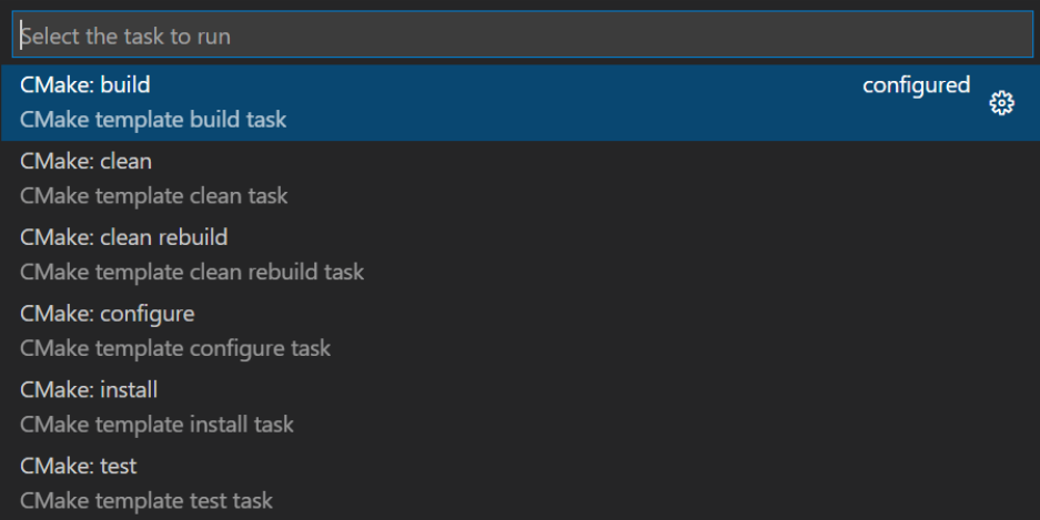 Example CMake tasks to select to run