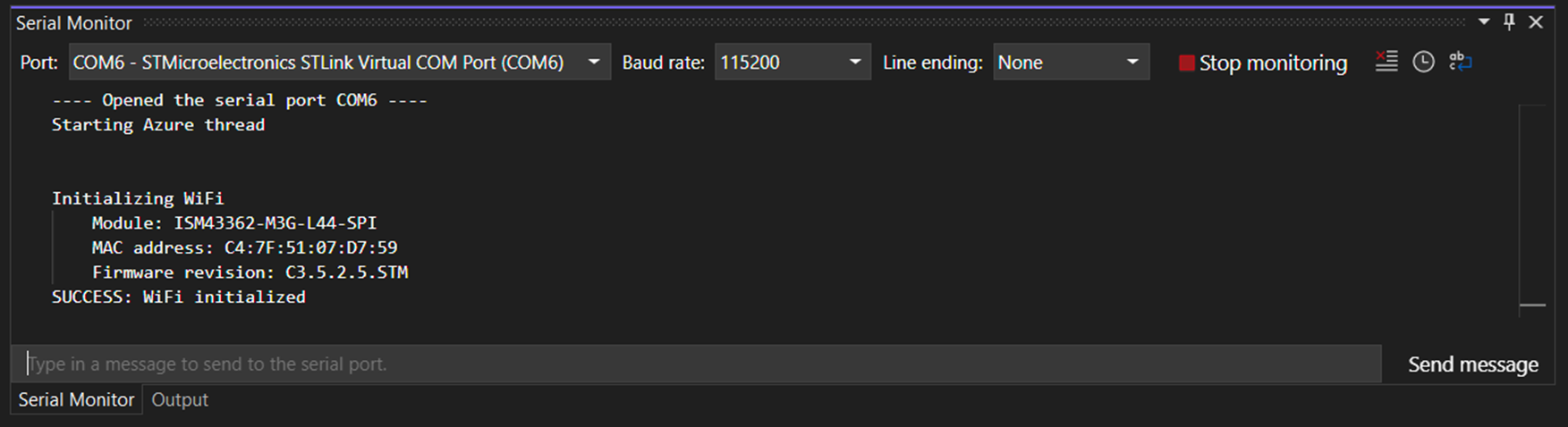 Visual Studio serial monitor screenshot