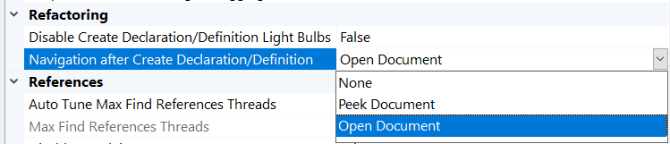 Options pane showing "None", "Peek document", and "Open document" as the options for the setting "Navigation after create declaration/definition"