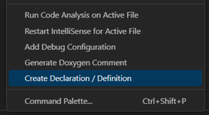 Right click a function’s declaration or definition and select the “Create Definition/Declaration” from the context menu. A definition or declaration will be created depending on what is needed.