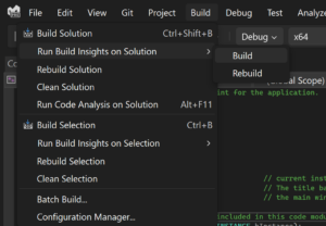 A picture of the how to start Build Insights. The menu option is located in the Build Menu.