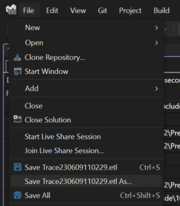 You can save the trace in the Visual Studio File Menu