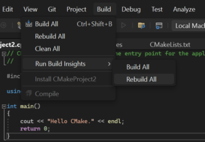 A picture of the how to start Build Insights. The menu option is located in the Build Menu. This is different for CMake projects.