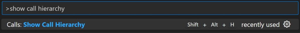 Image that shows that the command for call hierarchy in the command palette is called