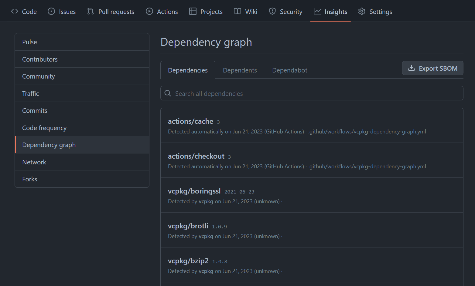 Screenshot of a sample repository's dependency graph