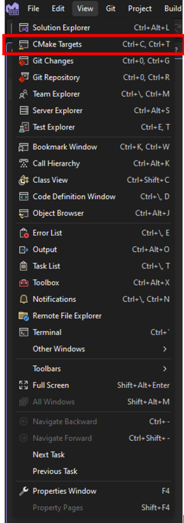The CMake Targets View option in the View dropdown in Visual Studio