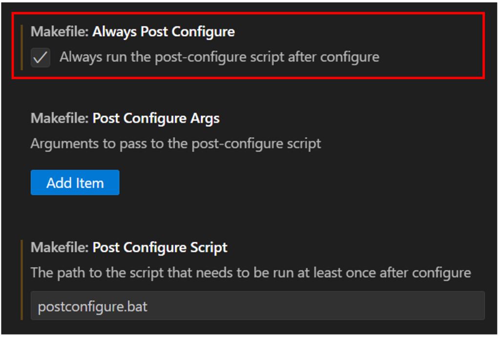 A screenshot of the setting to automatically run post configure script