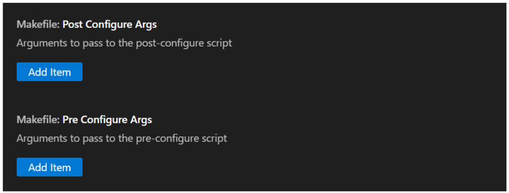 VS Code settings for adding pre and post configure arguments