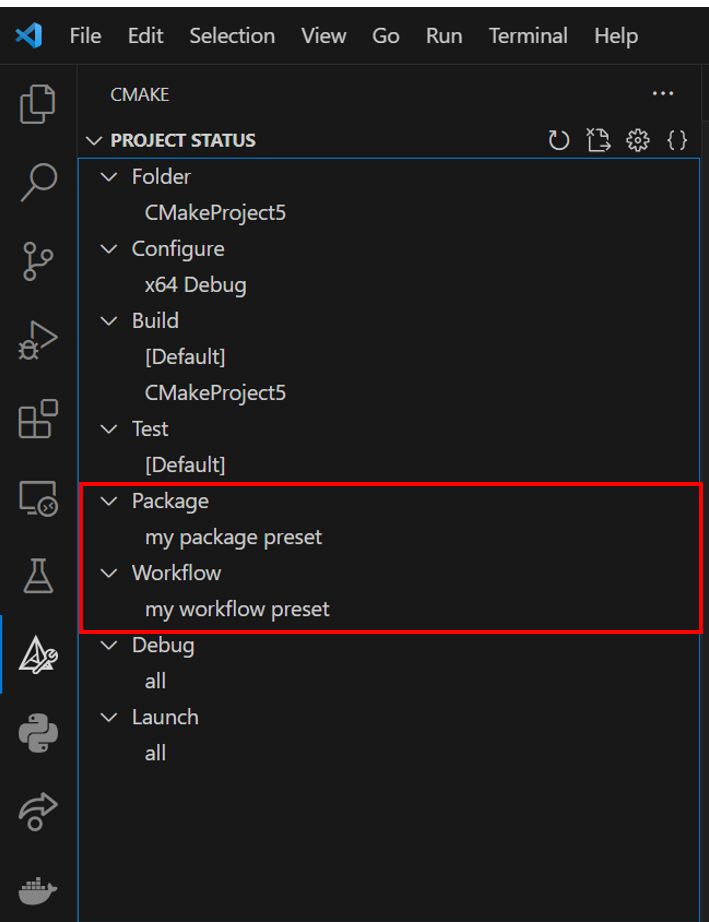 The Cmake Sidebar in VS Code with Package and Workflow nodes highlighted and their relevant presets