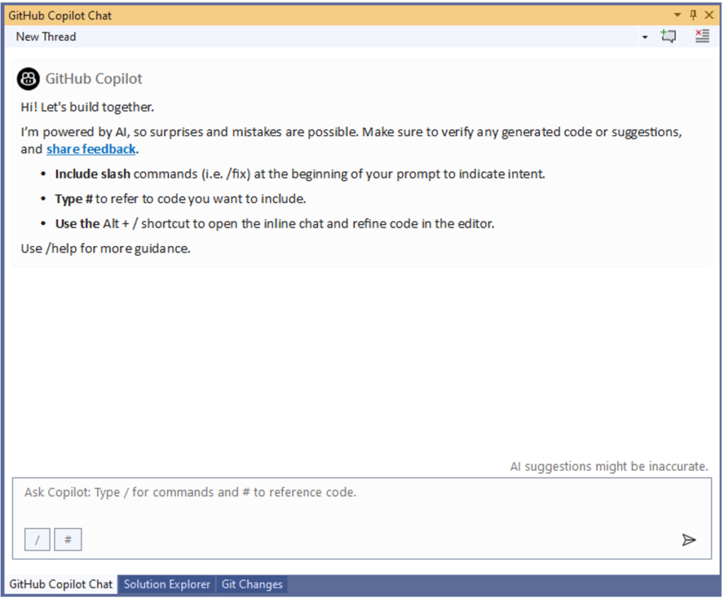 An image of the Copilot Chat pane in Visual Studio
