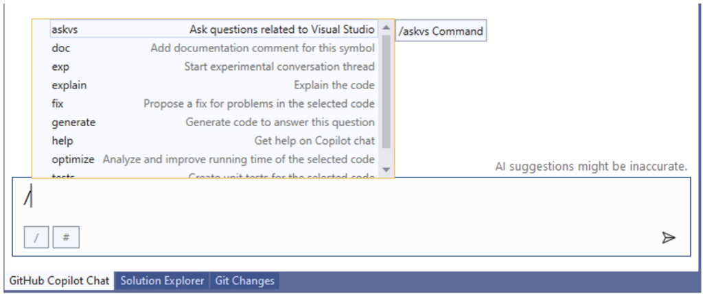 A list of all the slash commands available in Visual Studio once pressed, such as the /askvs command highlighted and a brief explanation to the right.