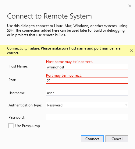 Screenshot of the updated Connect to Remote System dialog with a failed connection error. The error is displayed above the fields in an info bar and the Host Name and Port field are highlighted and labelled as may be incorrect. The Connect button is enabled.