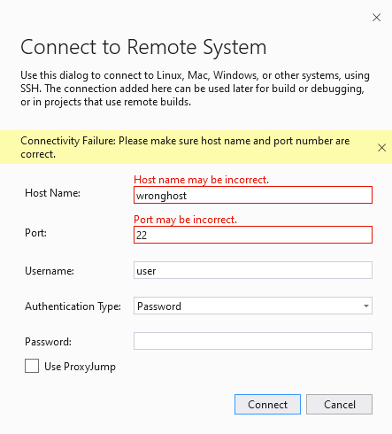 Screenshot of the updated Connect to Remote System dialog with a failed connection error. The error is displayed above the fields in an info bar and the Host Name and Port field are highlighted and labelled as "may be incorrect". The Connect button is enabled.