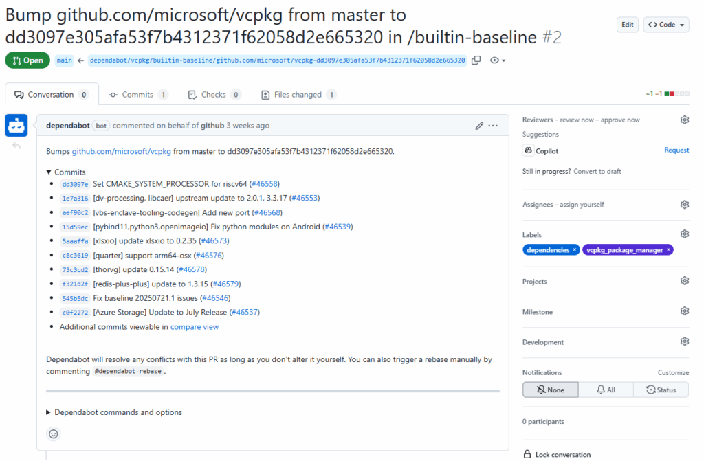 A pull request created by Dependabot, updating vcpkg.json to the latest baseline from the vcpkg port repository