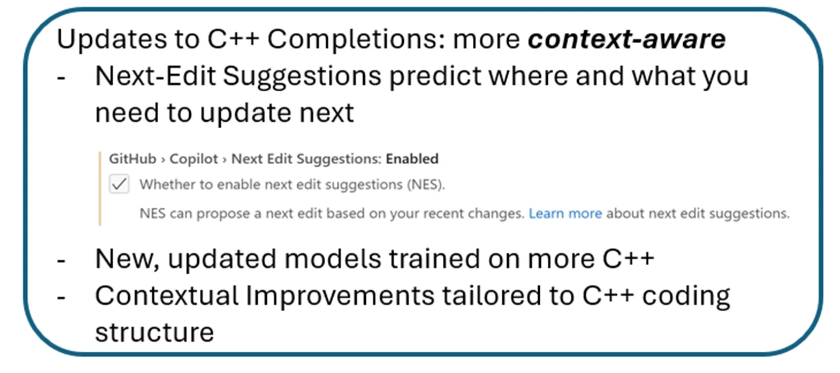 A PowerPoint slide describing improvements to GitHub Copilot for C++ users in Visual Studio Code