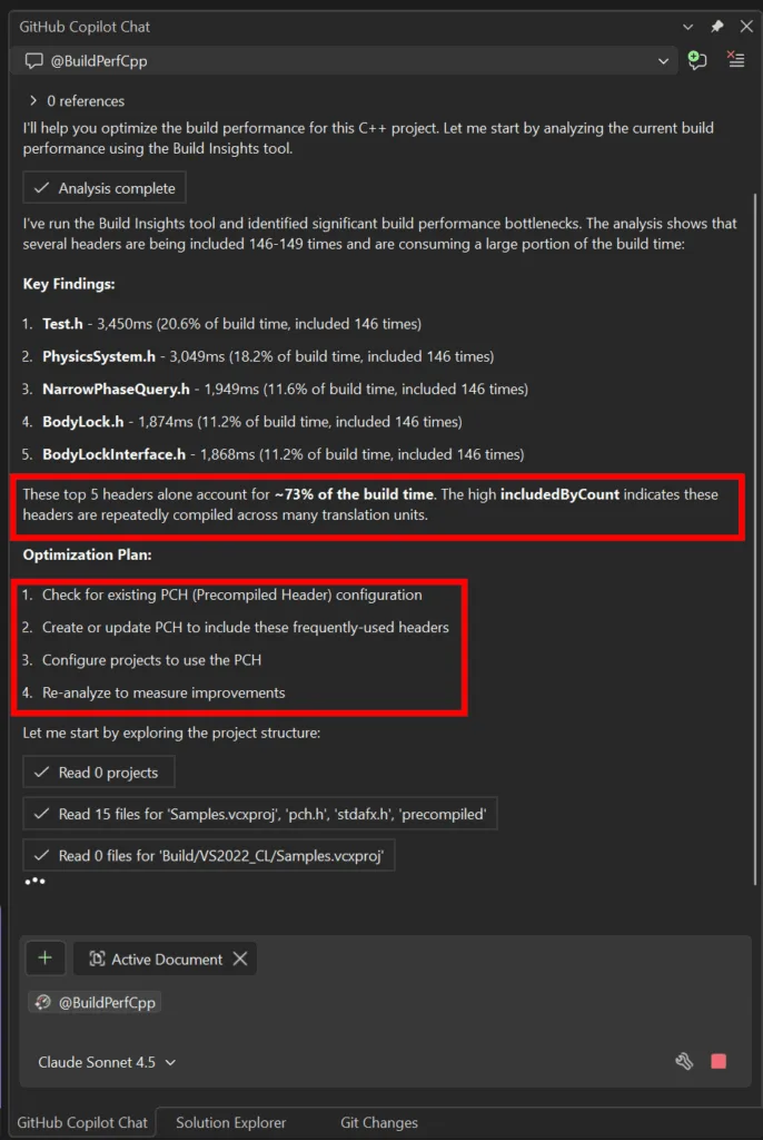 a screenshot showing analysis and proposed plan by @BuildPerfCpp