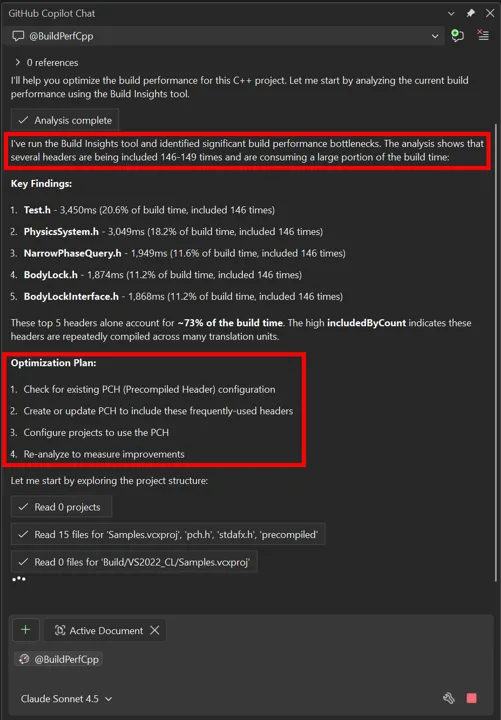 a screenshot of github copilot chat using the new build performance capabilities