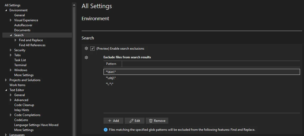Screenshot of the Visual Studio settings, specifically Search settings to configure file exclusions.
