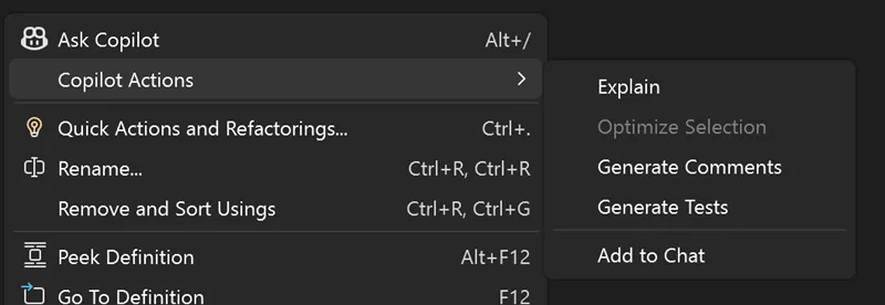 Screenshot of the Visual Studio editor right-click context menu displaying the new Copilot Actions: Explain, Optimize Selection, Generate Comments, Generate Tests, and Add to Chat.