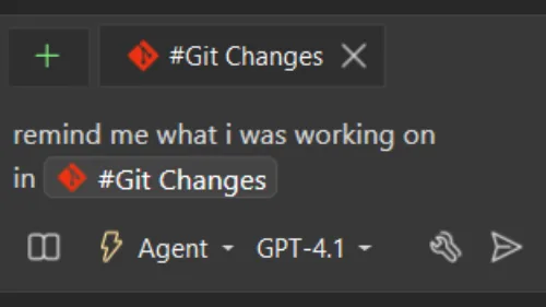 Screenshot of Copilot Chat zoomed in to show the #Git Changes context which can be used to have Copilot refer to specific changes tracked from Git.