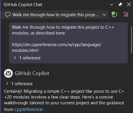 Screenshot of Copilot Chat where the user asks it to migrate a project to C++ modules and provides a cppreference article for context. Copilot responds with instructions that utilize the information from the cppreference website.