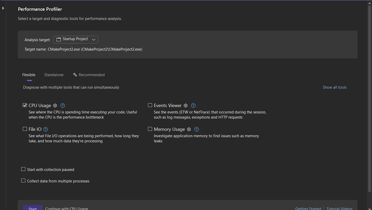 Screenshot of the Performance Profiler with options to look at CPU Usage, Events Viewer, File IO, and Memory Usage. The profiler is loaded for a CMake project.