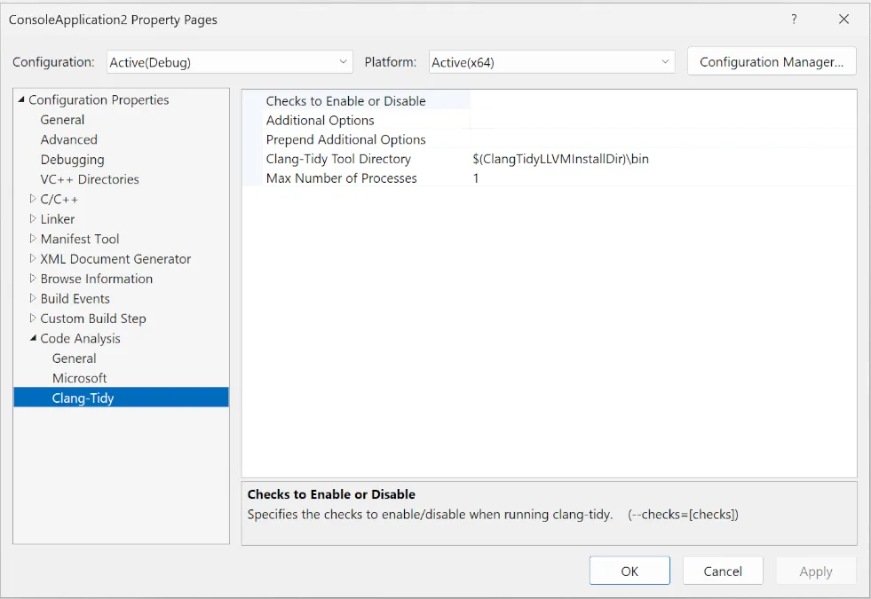 Screenshot of the C++ project properties with Clang-Tidy selected. Displays properties for checks to enable or disable, additional options, prepend additional options, clang-tidy tool directory, and max number of processes.