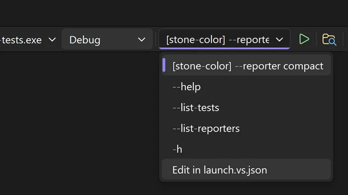 Screenshot of Visual Studio debugging dropdown toolbar listing several command line arguments like --help, --list-tests, and --list-reporters.