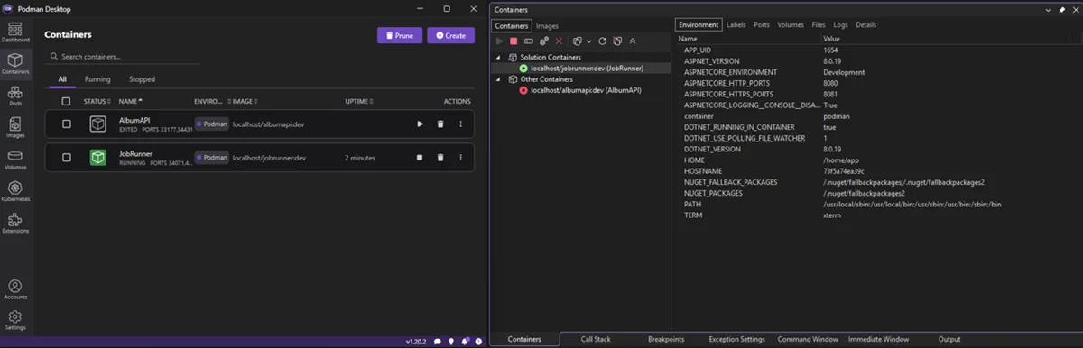 Screenshot of Container Tools UI and Podman Desktop.
