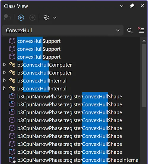 A screenshot of the ClassView window in Visual Studio with a search for convexHull. Results include convexHull as a substring but do not have to be exact matches for the search term.