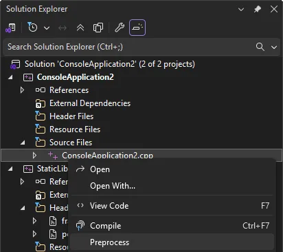 Screenshot of Solution Explorer in Visual Studio, where a cpp file was right-clicked to show the new Preprocess menu option.