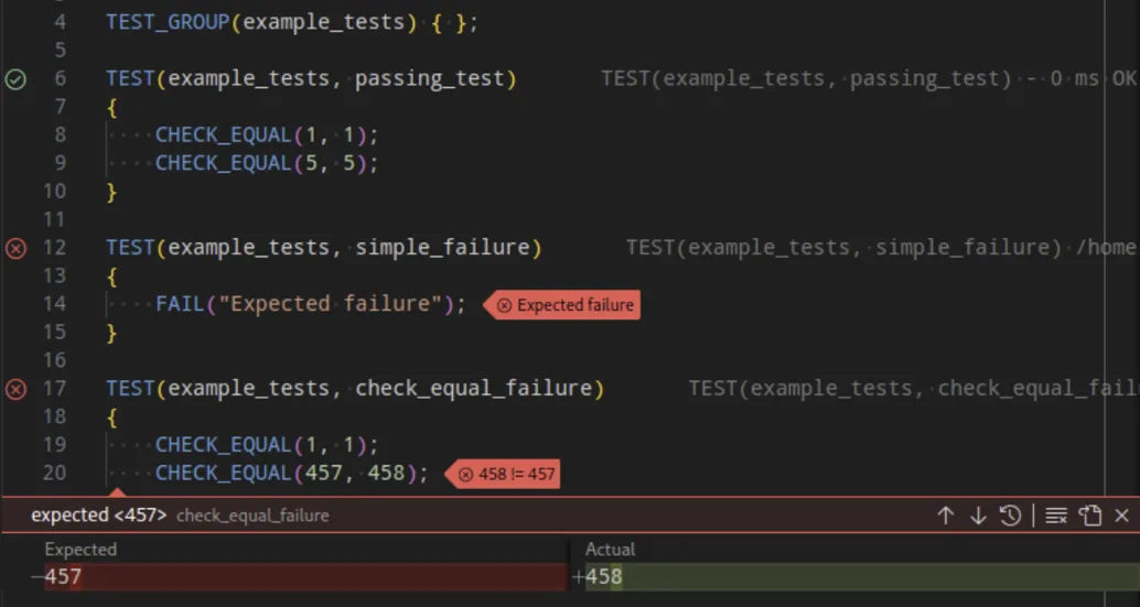 Visual of check equal failure with expected and actuals