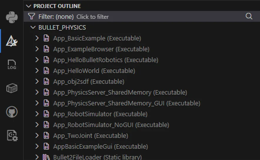 The option to filter is selected under the CMake Project outline view.