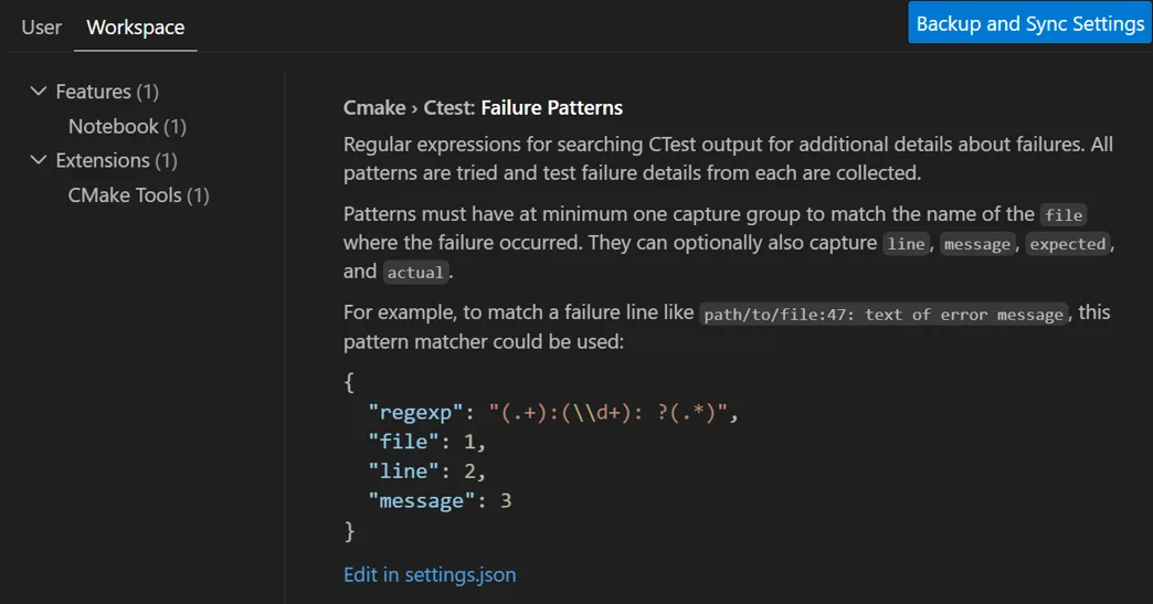 The CMake CTest failure patterns setting which accepts regex for searching CTest output for additional details about failures.