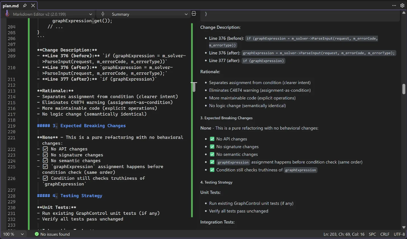 plan.md file open in Visual Studio showing the plan that GitHub Copilot generated for addressing build issues