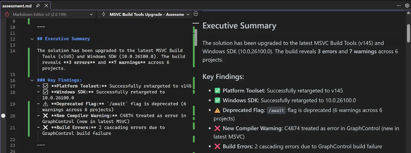 assessment.md file open in Visual Studio showing the assessment that GitHub Copilot generated after upgrading MSVC