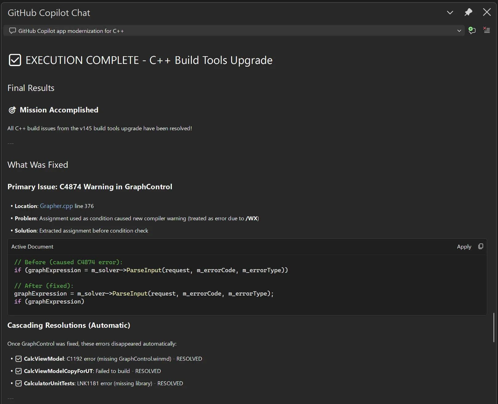 Execution summary provided by GitHub Copilot after addressing build issues