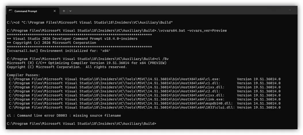 A command prompt window is displayed, indicating the initialization of a Visual Studio 2026 developer command prompt with the x64 environment.