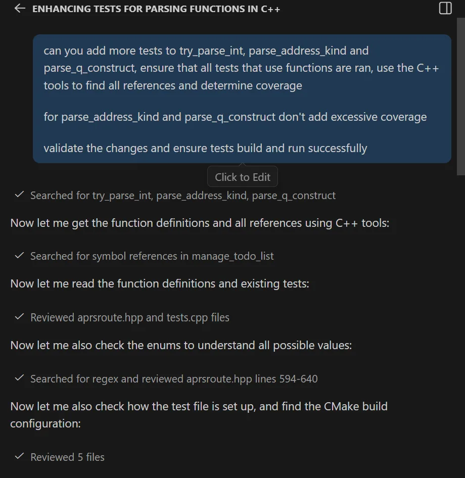 Enhance tests for parsing functions in C++ prompt being kicked off