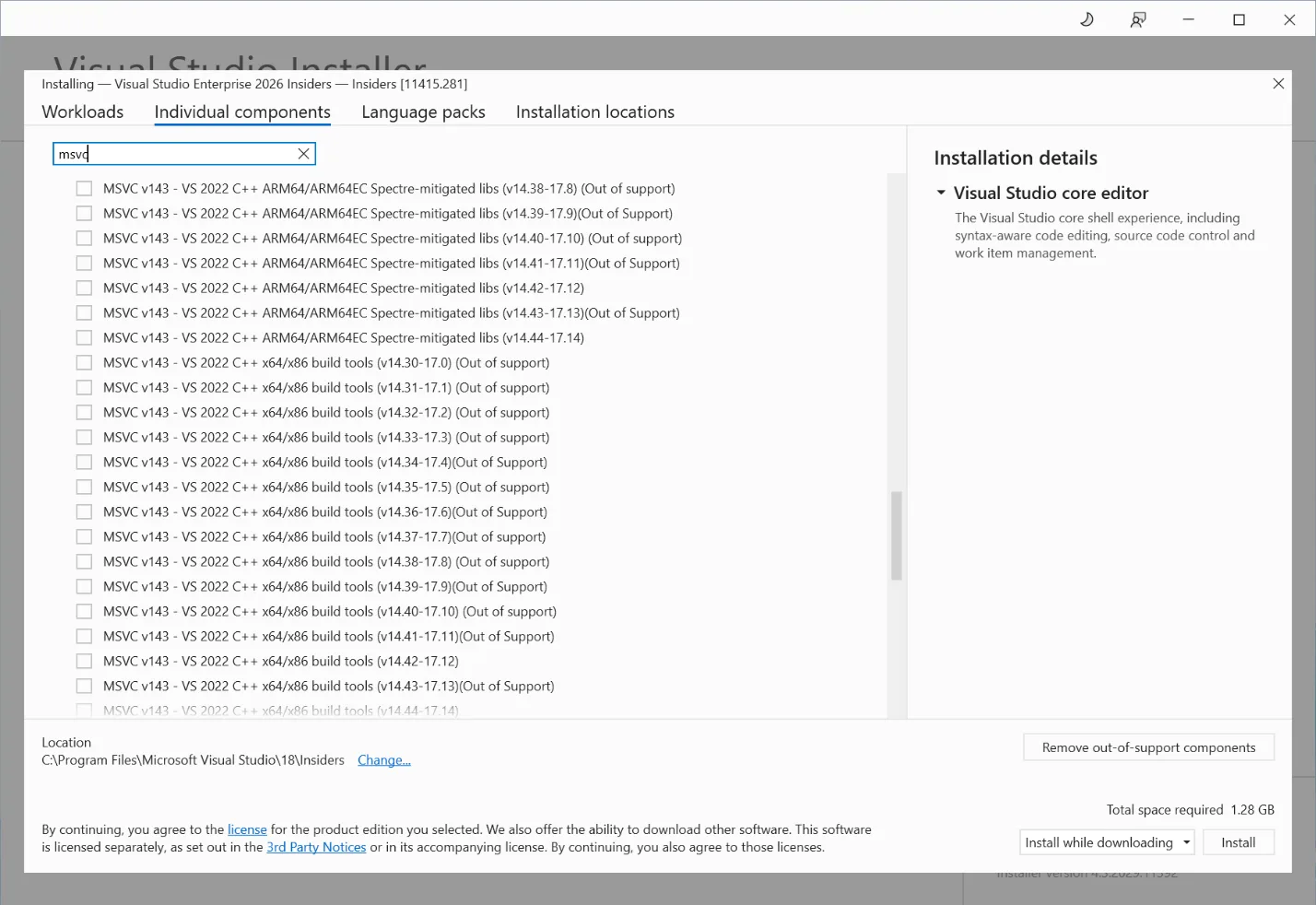 The image displays a Visual Studio installation page with various language and workload options for MSVC, including different versions of Visual Studio and their respective support status. AI-generated content may be incorrect.
