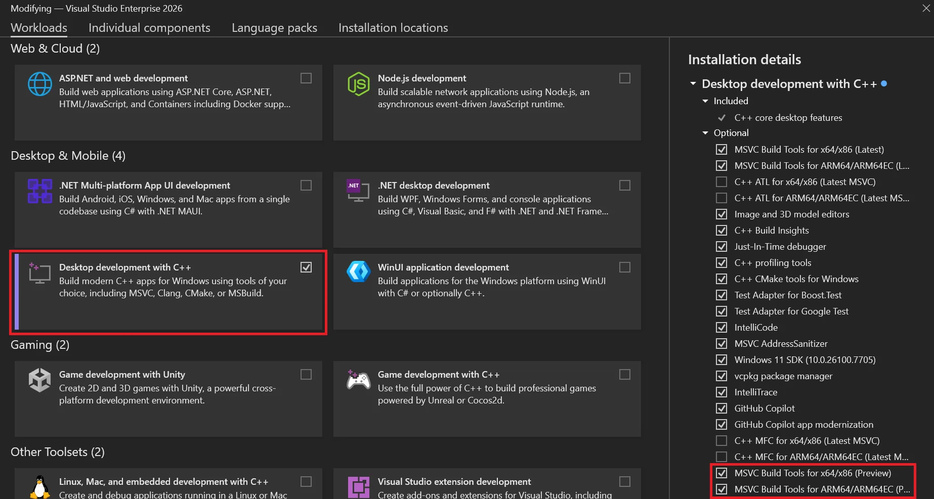 Desktop development with C++ workload includes checkboxes for installing MSVC previews on the right side pane.