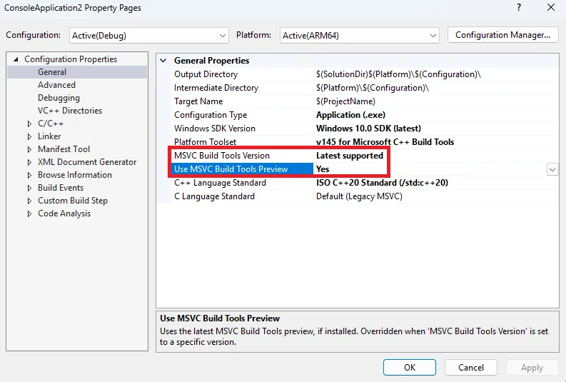 To enable MSVC previews in the MSBuild project system, set MSVC Build Tools version to Latest supported and Use MSVC Build Tools Preview to Yes.