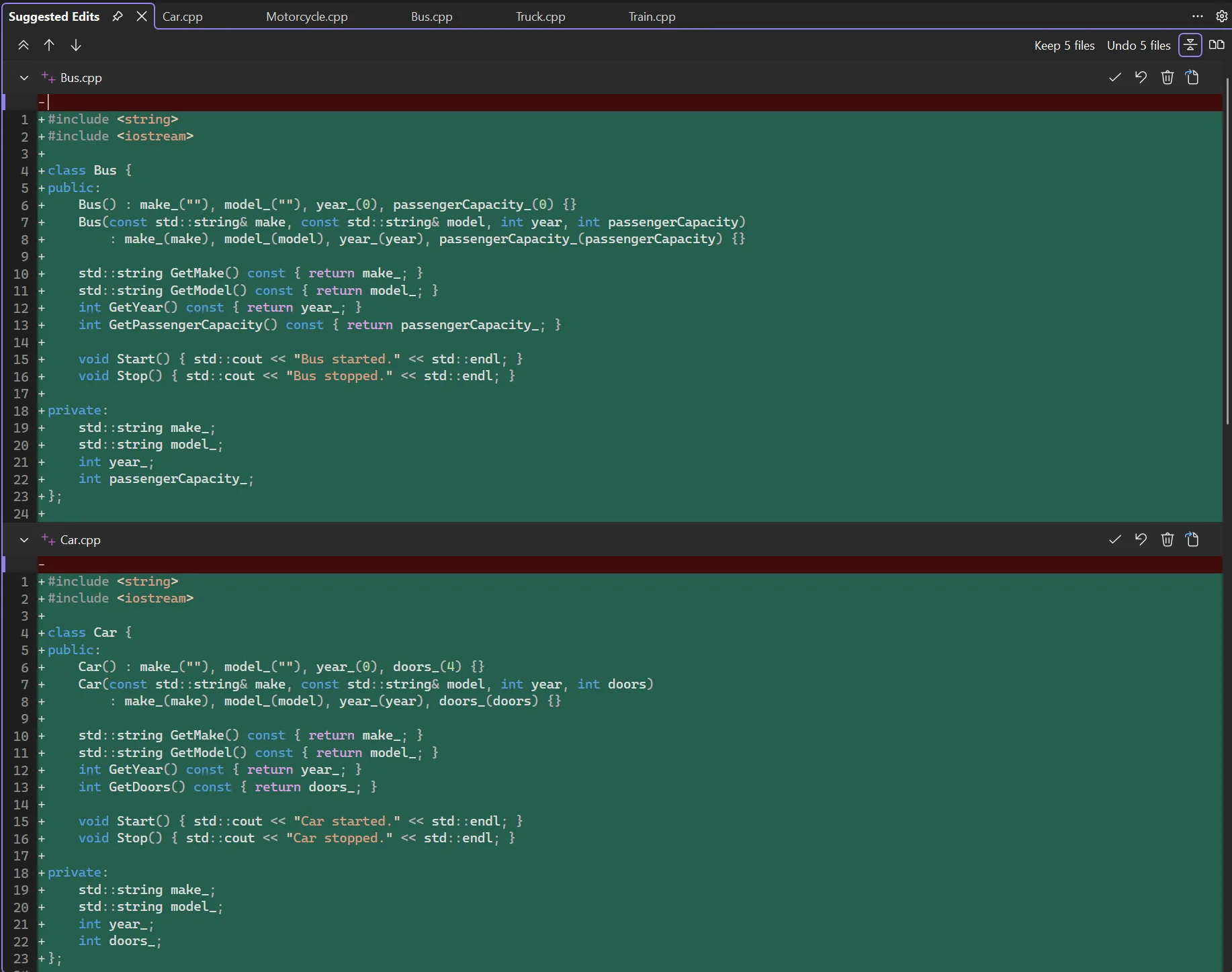 A code snippet displaying the class definitions for Bus and Car, including constructors, member functions, and private attributes. As the developer, you have the option to keep or undo any or all of the modified files or chunks of code